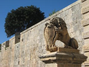 A carved lion at the entrance to Malta's early capital city, Mdina.