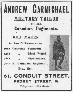 Andrew Carmichael, Military Tailor to all Canadian Regiments. Kilt Maker, May 13, 1916.