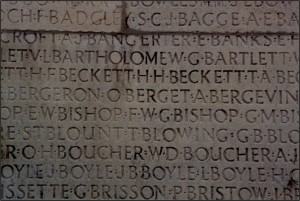 Engraved names on the Vimy Ridge Memorial prior to restoration in 2007. (P. Ferguson image, 1995)