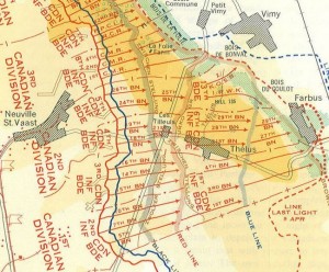 Detail of Vimy Ridge map. Nicholson,  CEF, Army Historical Section, Ottawa, 1962.