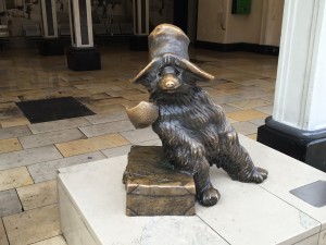 Statue of Paddington Bear, please look after this bear (and this soldier). Both statues are located on Platform 1, Paddington Station, London. (P. Ferguson image, August 2018).