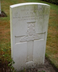 Gunner J. Foy 1 November 1914 Strand Military Cemetery, Belgium. (P. Ferguson image, September 2016)