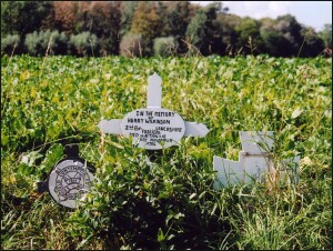 Markers near Warneton, Belgium  commemorating the discovery of Harry Wilkinson's body in 2000.  The first identifiable remains found on the Western Front in 25 years. (P. Ferguson image, September 2004)