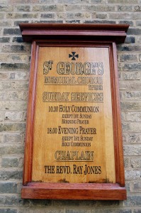 St. George's Sunday Services plaque. (P. Ferguson image, April 2004)