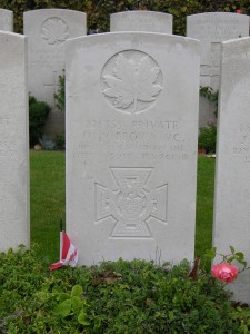 Brown marker at Noeux-les-Mines Communal Cemetery, Age 19. (P. Ferguson image, September 2005)